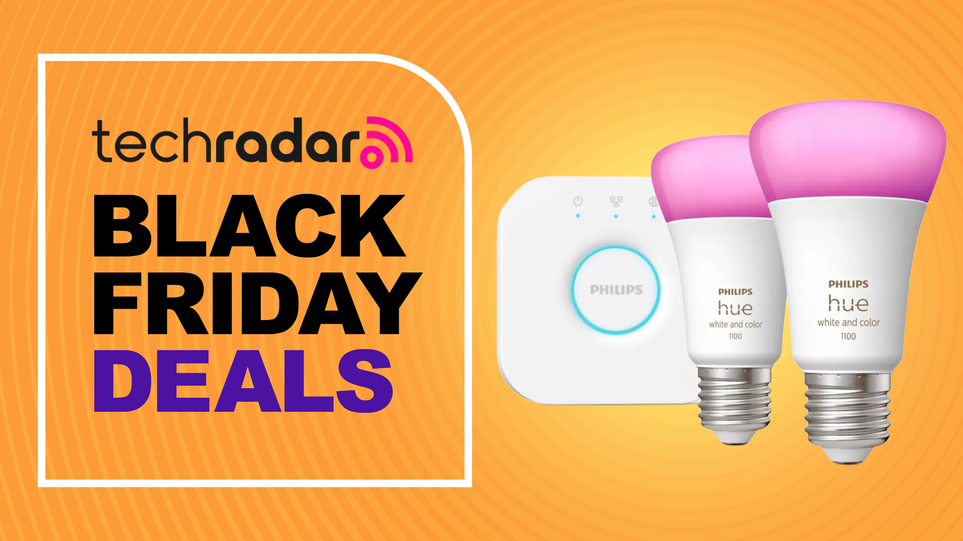 Philips Hue Bridge and two light bulbs on orange background with text reading &#039;TechRadar Black Friday Deals&#039;