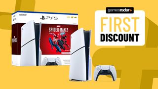 PS5 Slim Spider-Man bundle on a yellow background with first discount badge