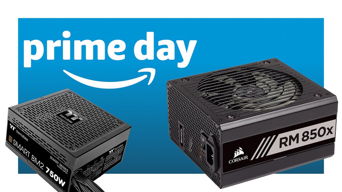 An Amazon Prime logo next to two PSUs on a blue background