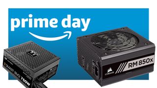 An Amazon Prime logo next to two PSUs on a blue background