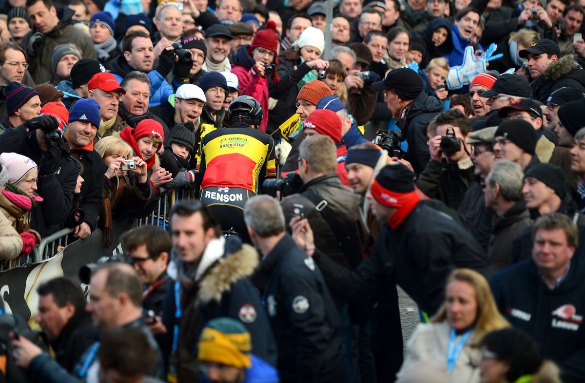 Tom Boonen riding through the crowds before the 2013 Tour of Flanders
