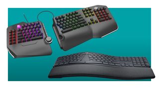 A pair of Cloud Nine and Logitech ergonomic keyboards against a teal background with a white border.