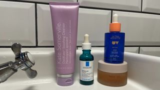 A lineup of our beauty editor's skincare routine for acne, comprimising of just four steps - cleanse, serum, moisture and SPF