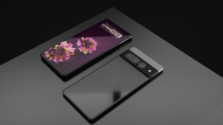An unofficial render of the Google Pixel 7 Pro's front and back. The phone is colored in all black, and is on a black background