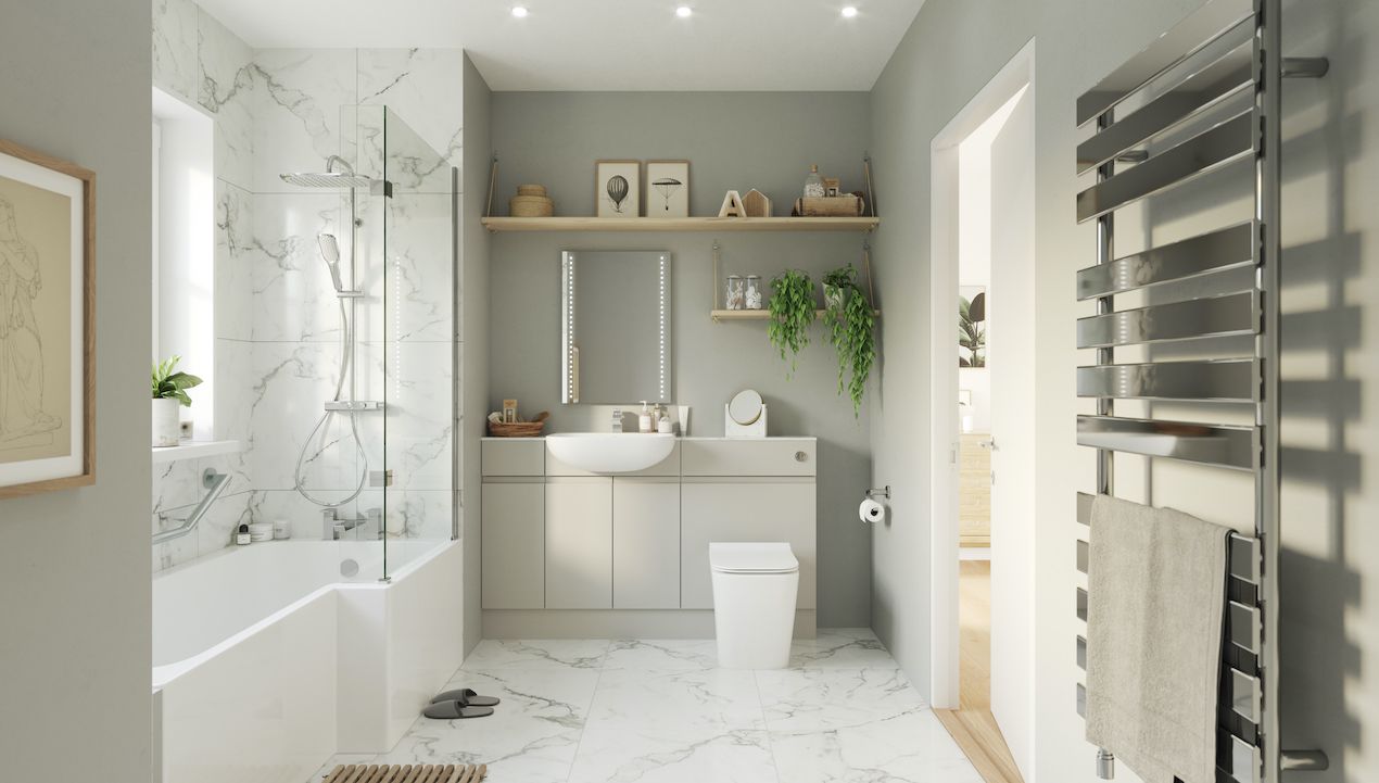 grey bathroom with fitted furniture