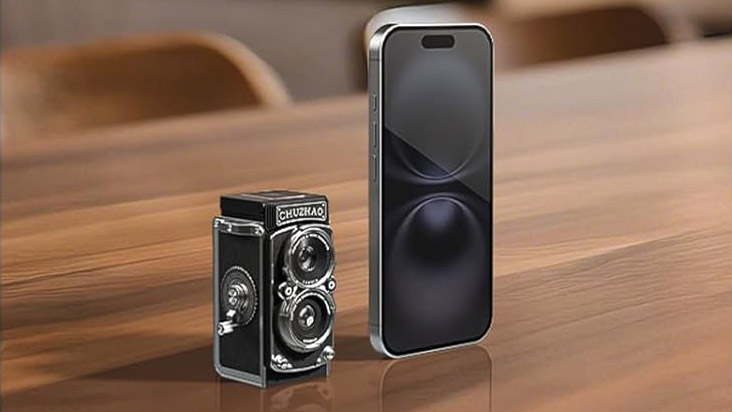 A lifestyle product picture of the CHUZHAO Retro TLR 12MP Digital Camera positioned next to a smartphone to show the difference in size
