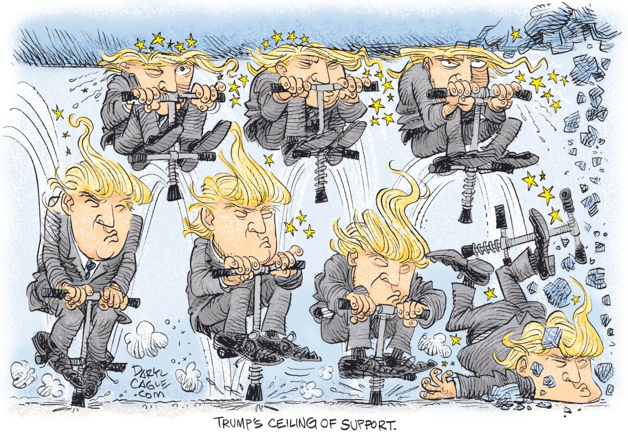 Political cartoon U.S. 2016 election Donald Trump ceiling of support