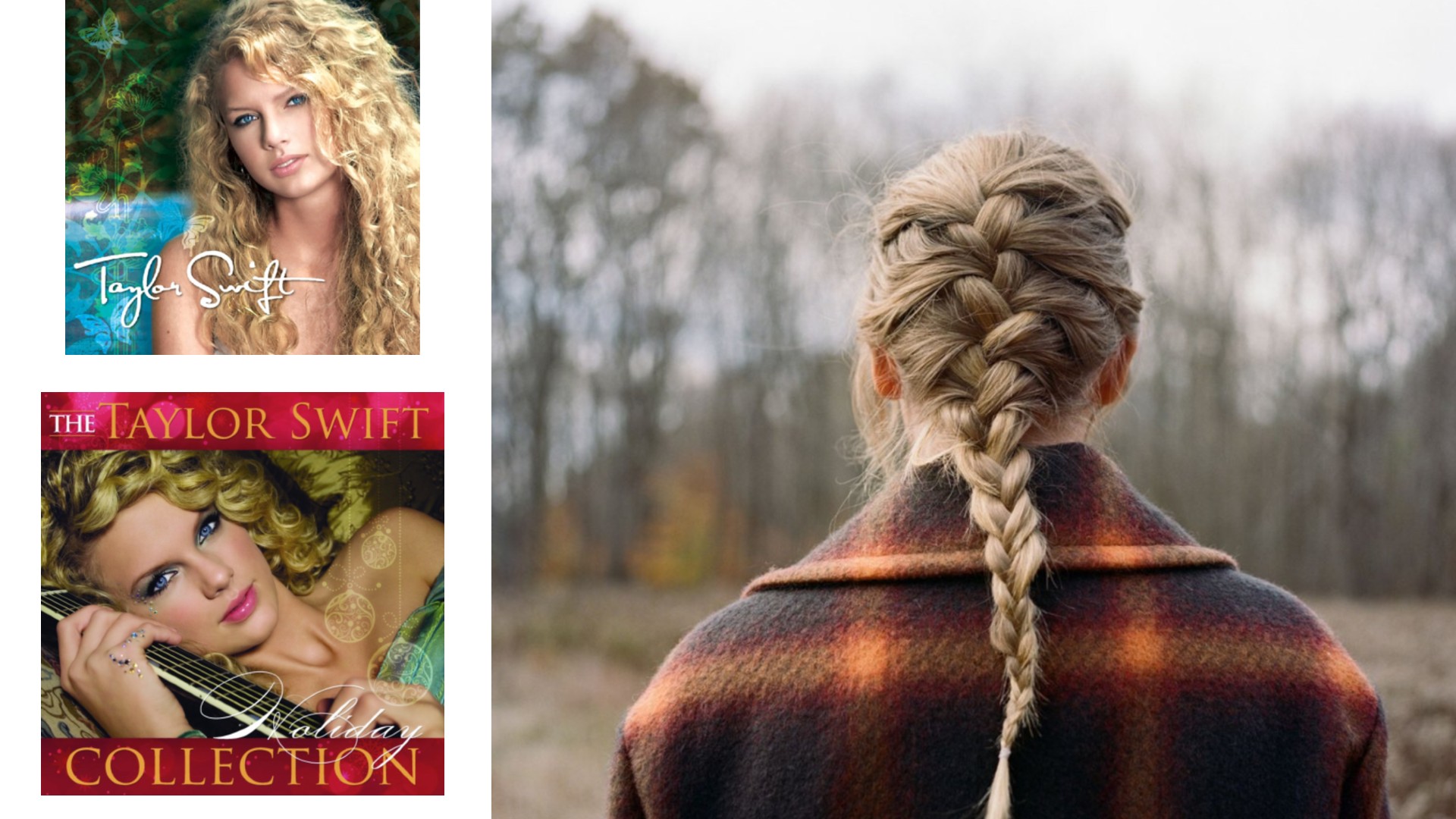 Selection of album covers by Taylor Swift, for ‘Taylor Swift’ (2006), ‘The Taylor Swift Holiday Collection’ (2007) and ‘Evermore’ (2020)