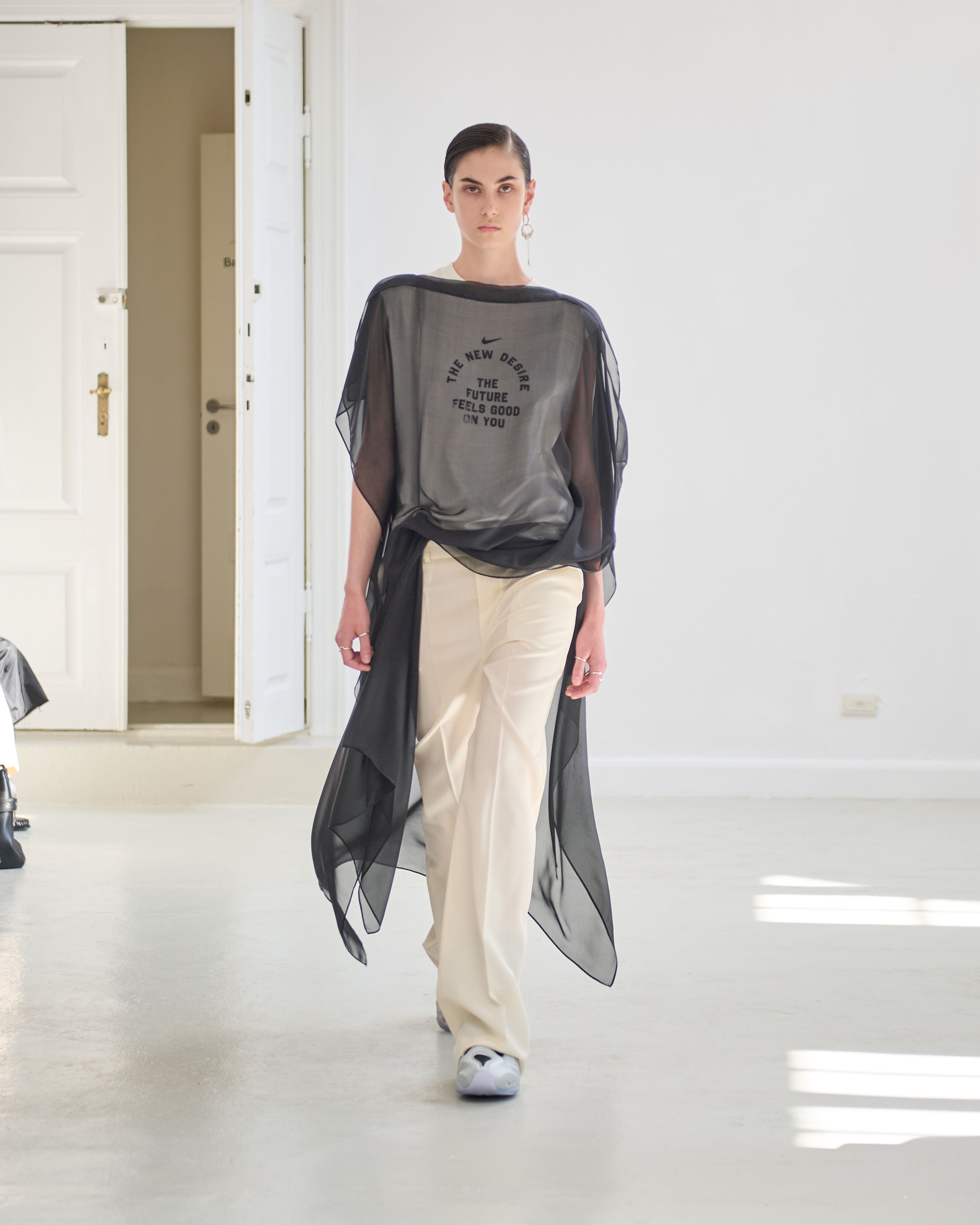 Spring 2027 Copenhagen Fashion Week looks featuring sheer layers, flowing silhouettes, and mixed prints from Anne Sofie Madsen, Institution, and Paolina Russo.