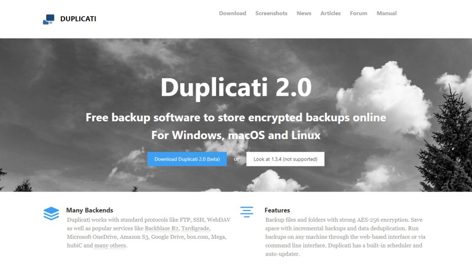 Tangkapan layar situs web untuk Duplicati