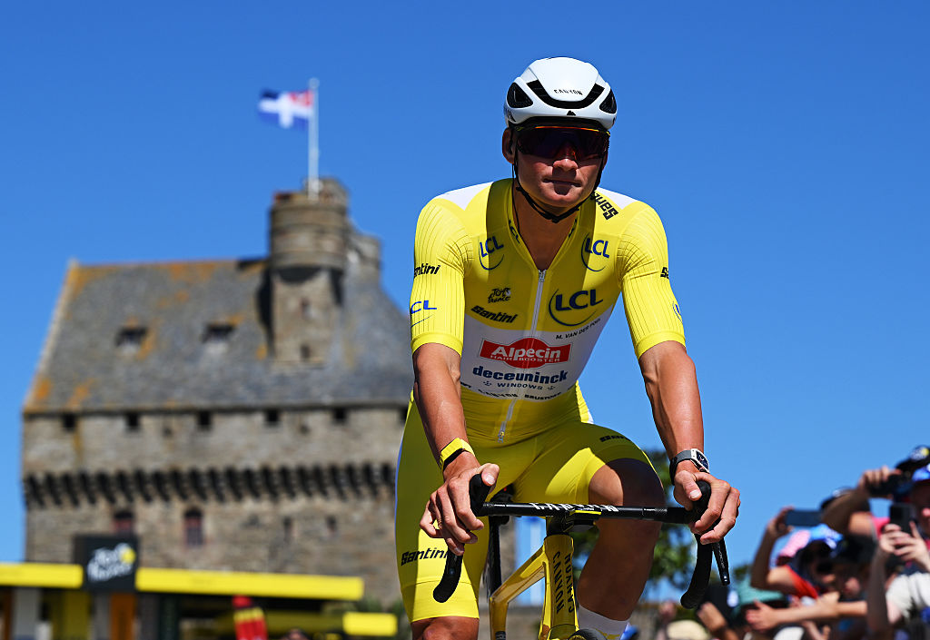 SAINT-MALO, FRANCE - JULY 11: Mathieu van der Poel of Netherlands and Team Alpecin - Deceuninck - Yellow Leader Jersey prior to the 112th Tour de France, Stage 7 a 197km stage from Saint-Malo to Mur-de-Bretagne (Guerledan) / #UCIWT / on July 11, 2025 in Saint-Malo, France. (Photo by Dario Belingheri/Getty Images)
