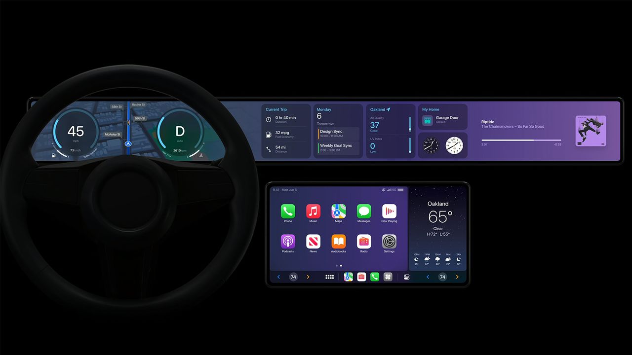A dashboard showing Apple CarPlay