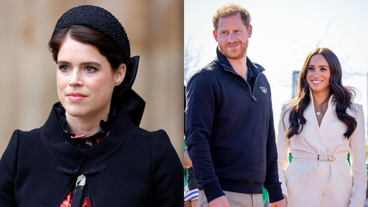 Princess Eugenie next to Prince Harry and Meghan Markle