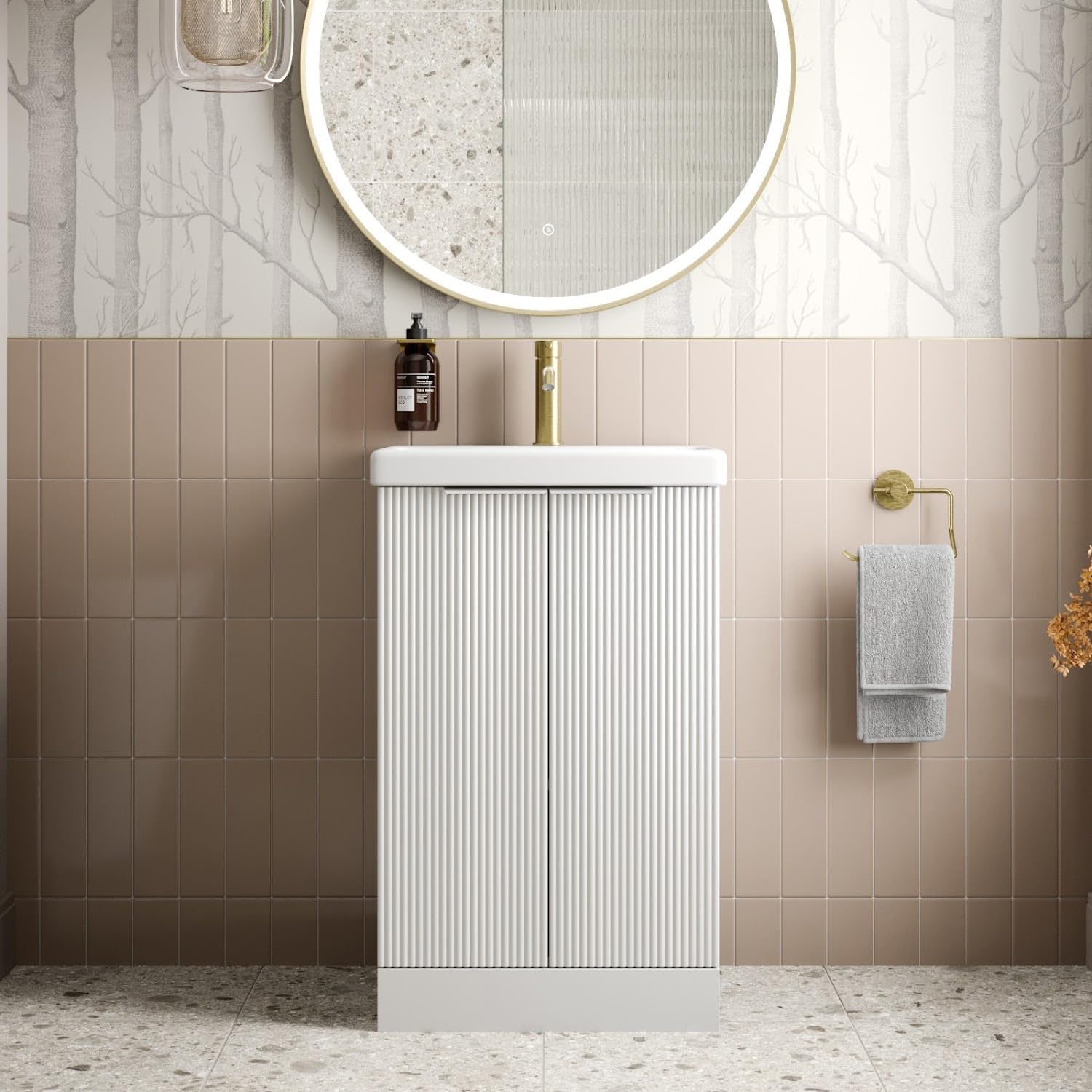 Baystone&amp;reg; Fluted 500mm Bathroom Vanity Unit Ceramic Wash Sink, Cloakroom Storage Furniture Under Basin Cabinet Floorstanding Cupboard, Matt White