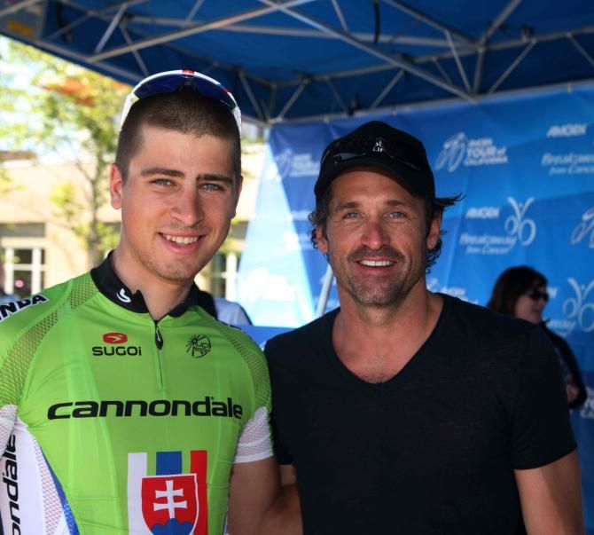Peter Sagan (Cannondale) and Patrick Dempsey share a moment on Stage 2 at Palm Springs