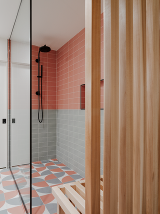 A bathroom with colorful and patterned tiles