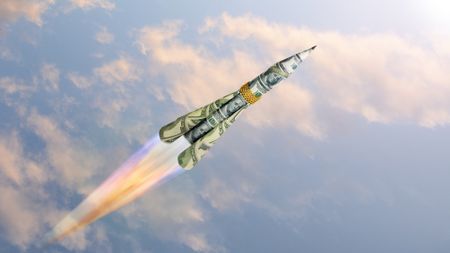 A rocket made of money shoots across the sky.