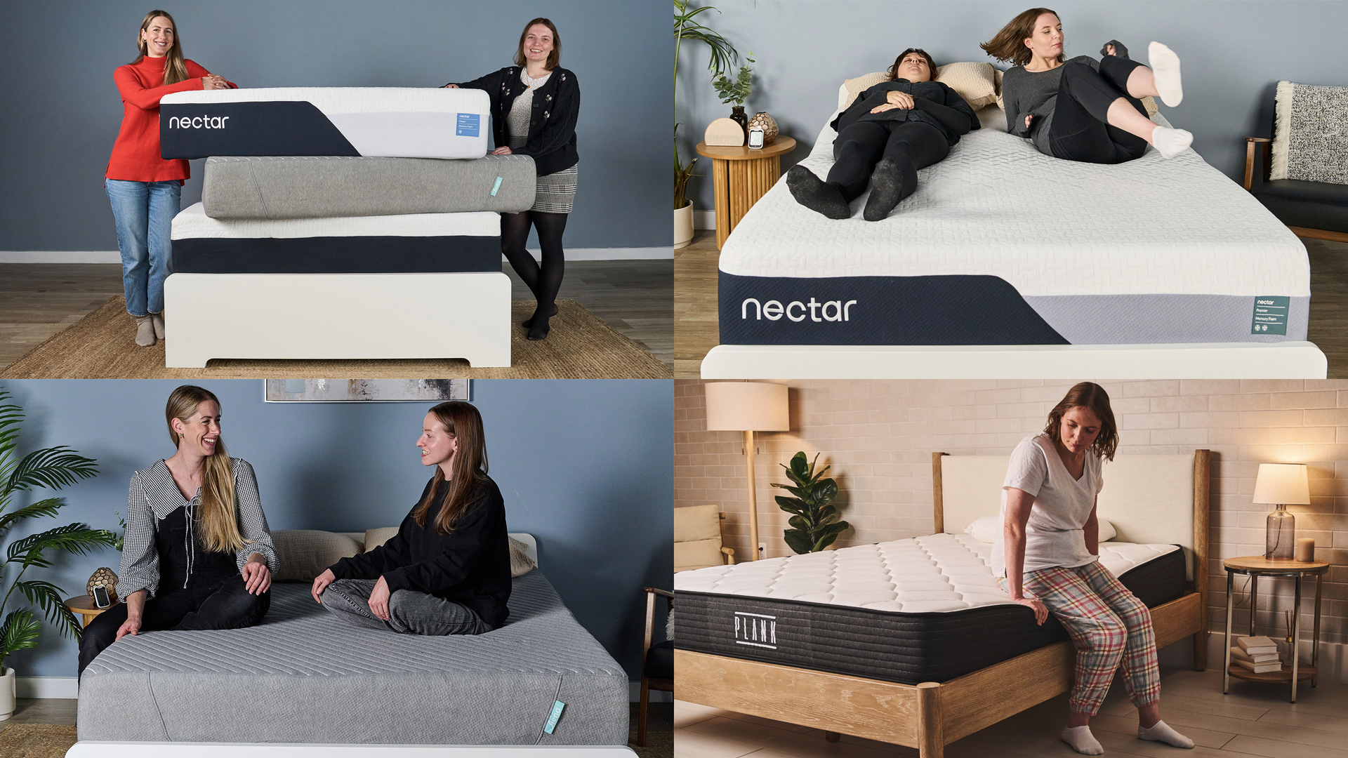 In the top left corner, mattress testers Nicola and Ruth stand next to a stack of memory foam mattresses on a bed frame in our Sleep Lab. In the top right, Lauren Jeffries lies on the Nectar Premier Memory Foam Mattress while Ruth Jones jumps on the bed to test the motion isolation. Bottom left, Nicola Appleton and Frances Daniels take a break from testing to relax on the Siena Signature Mattress. Bottom right, mattress tester sits on the edge of the Plank Firm to test the edge support