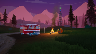 screenshot of Outbound - red van next to campsite at sunset, with trees and mountains in background