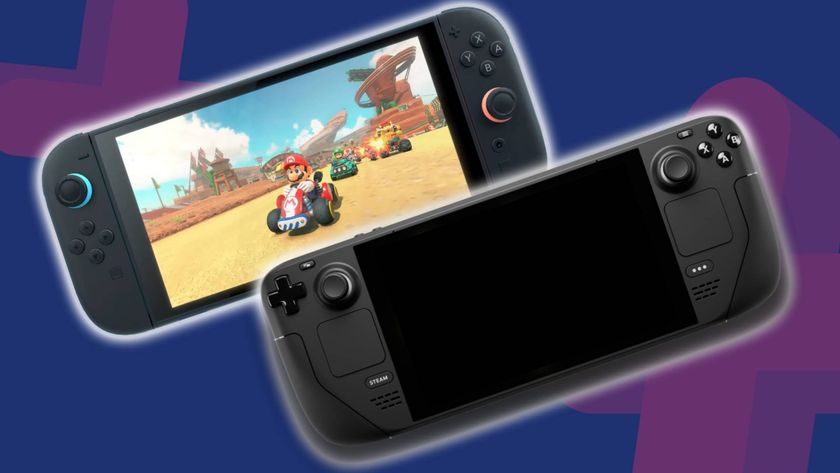 Nintendo Switch 2 with Mark Kart on screen next to Steam Deck with blue and purple backdrop