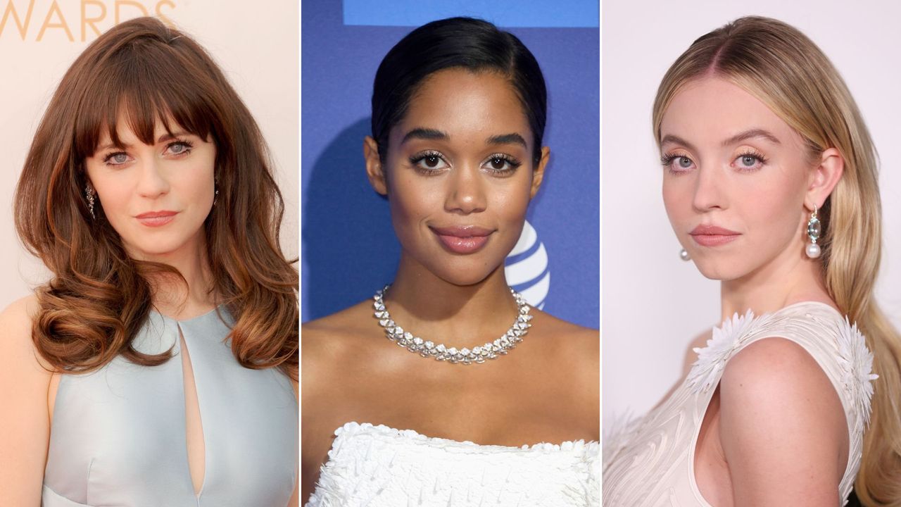 Zoey Deschanel, Laura Harrier and Sydney Sweeney wearing the doe eyes trend