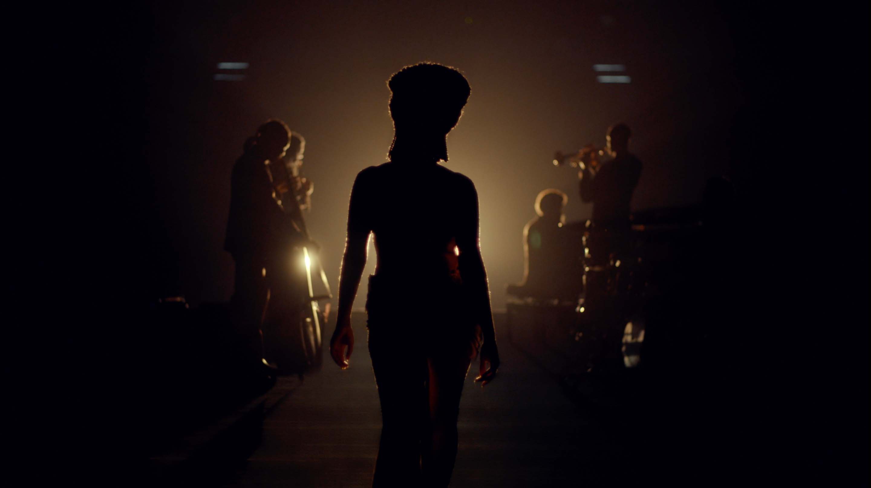 View of a silhouette of Solange and a band in a space with low lighting in the Louis XIII cognac film