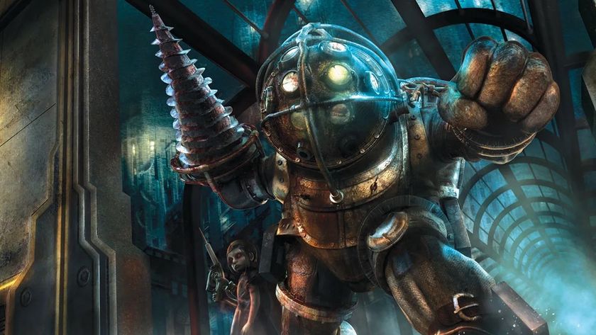 A terrifying Big Daddy, with his drill arm, in Bioshock.