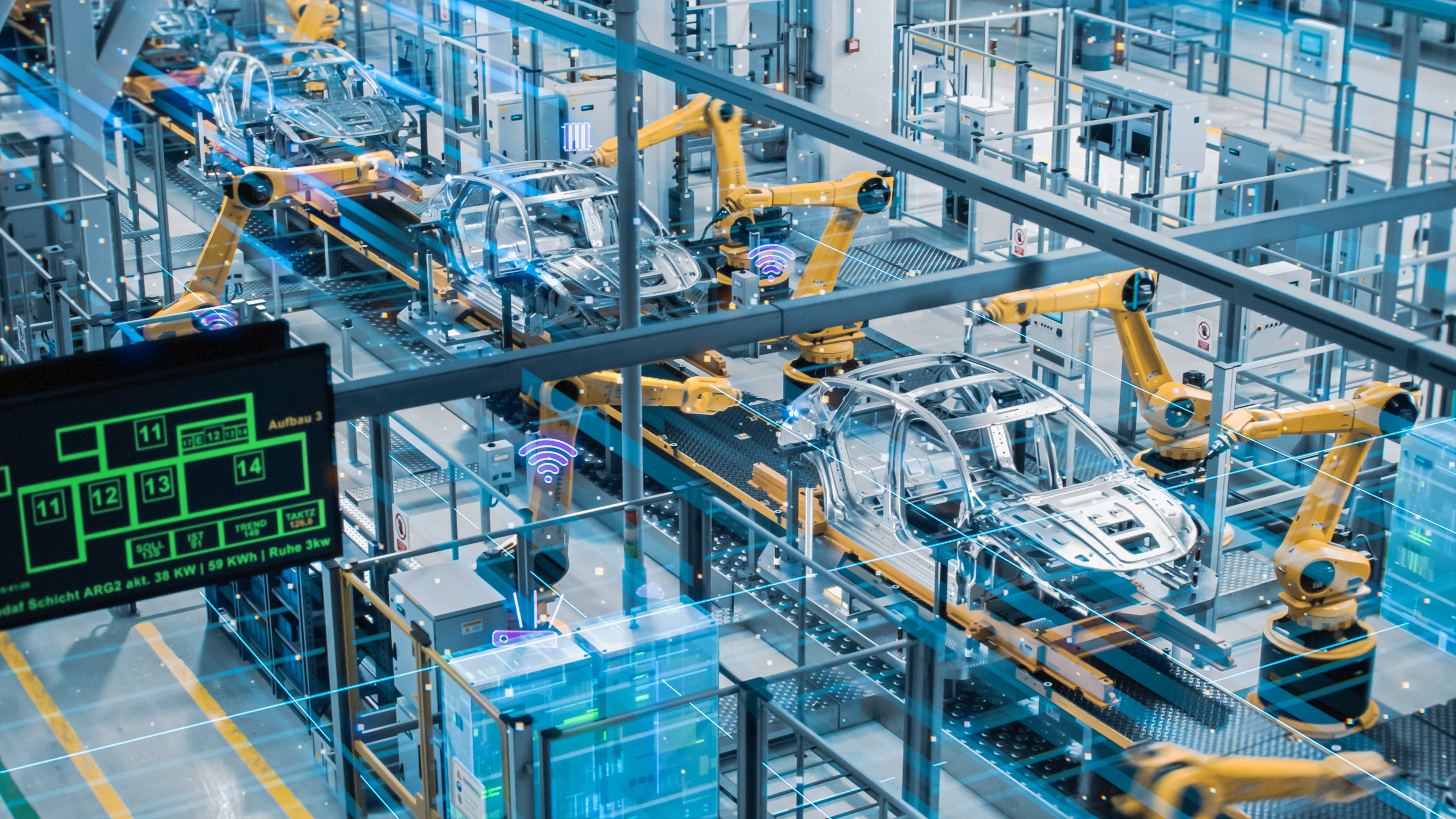 A CGI render of an automated, smart manufacturing floor using Industrial Internet of Things (IoT) sensors. Machine arms construct a car, while holographic lines and WiFI symbols denote a private network of devices within the factory.