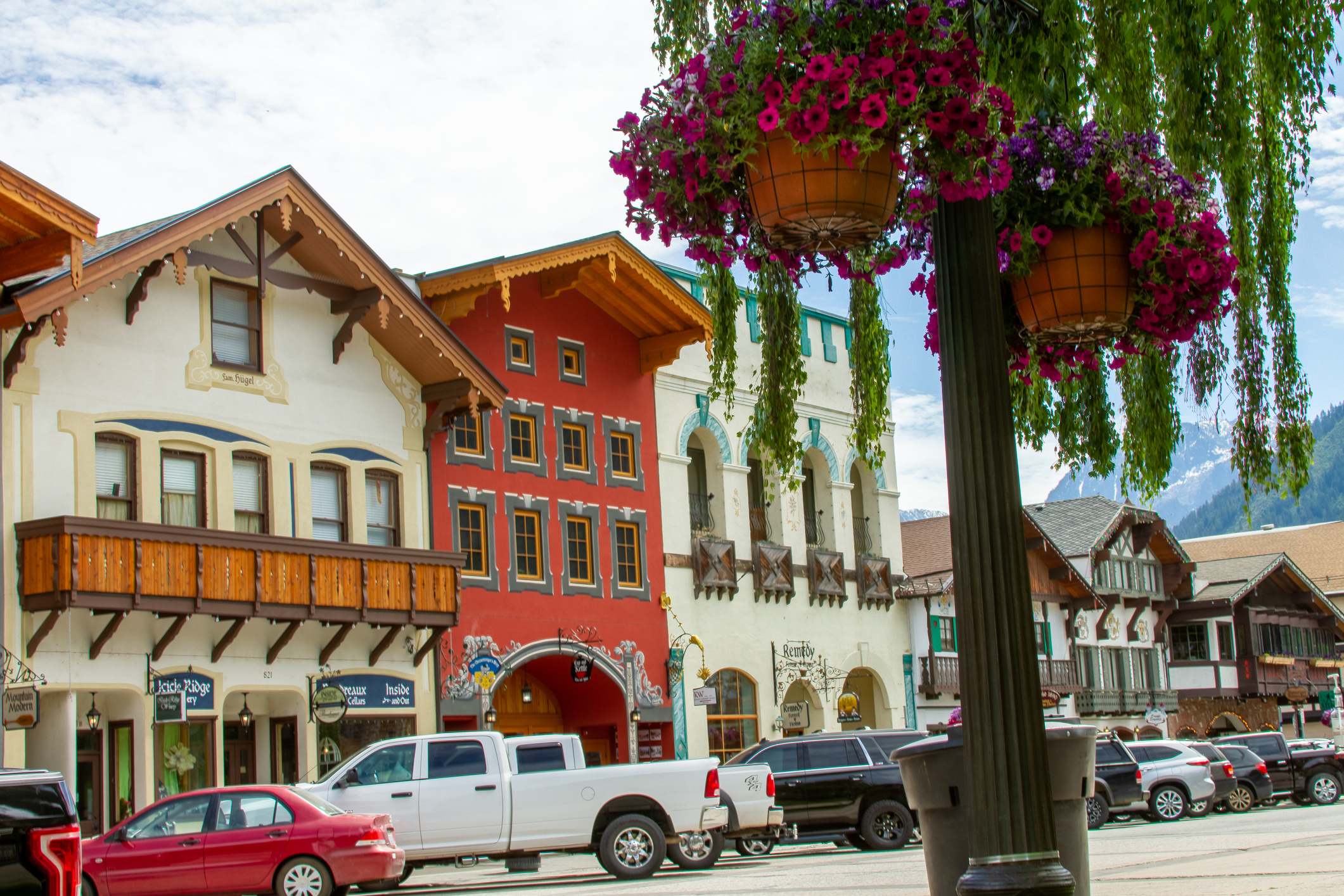 A colorful street scene in a Bavarian-style village in the Cascade Mountains of Leavenworth, Washington State.