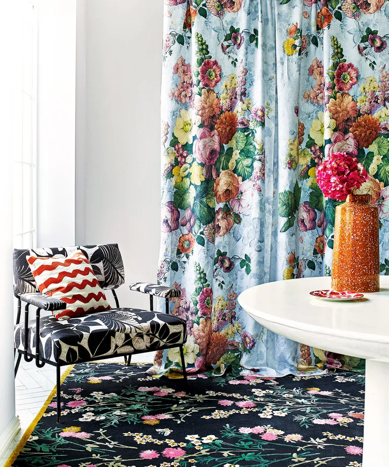 Mid-century modern living room with florals