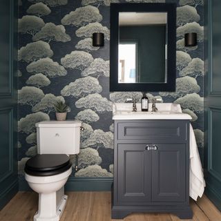 Downstairs loo with dark patterned wallpaper