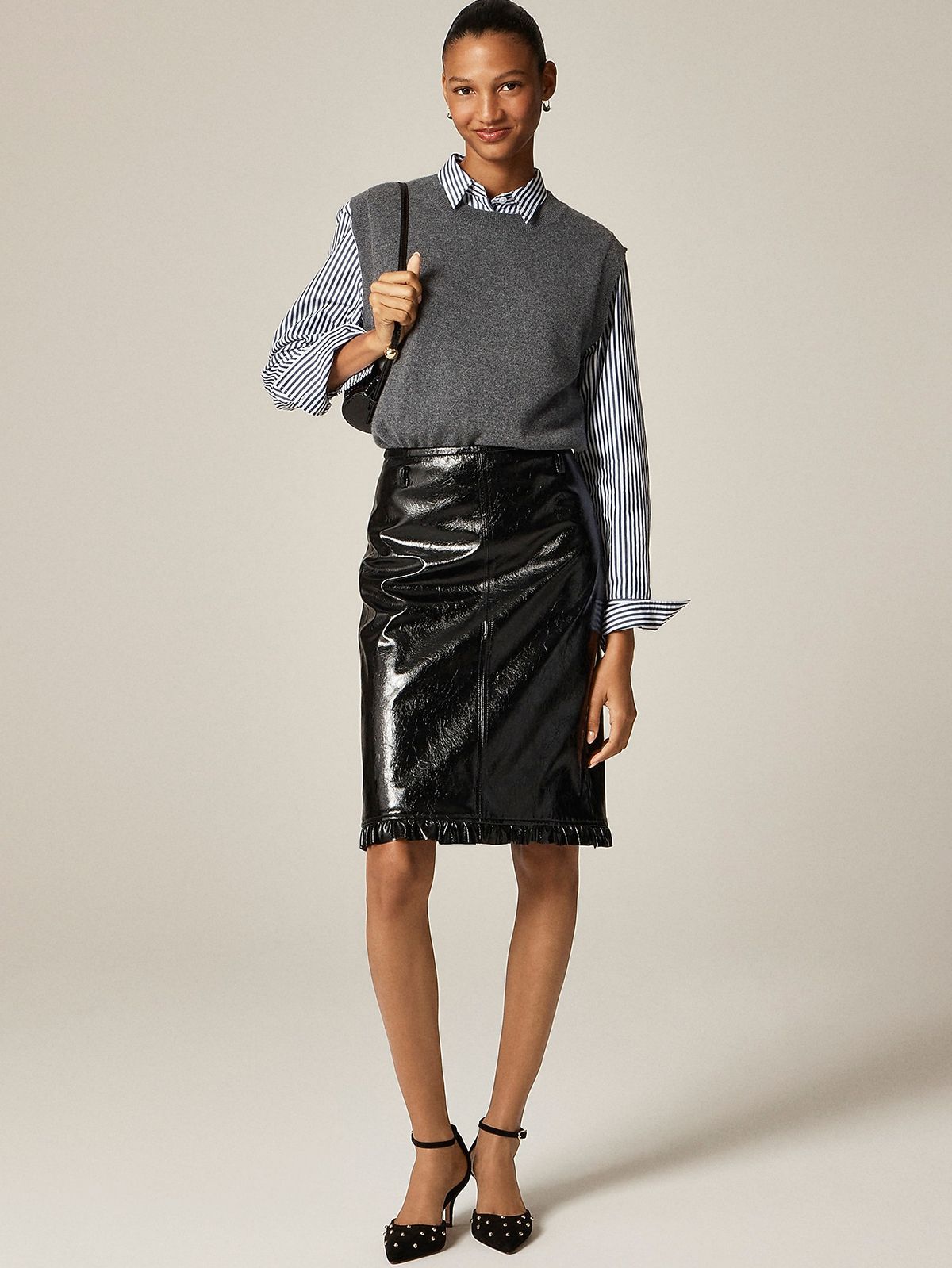 Ruffle-Trim Pencil Midi Skirt in Faux Leather