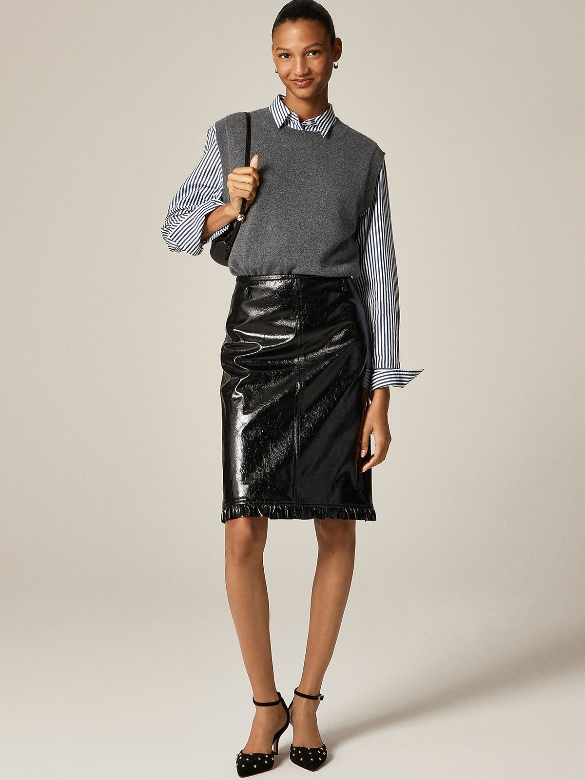 Ruffle-Trim Pencil Midi Skirt in Faux Leather