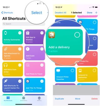 Add shortcuts to folders, showing how to tap Select, then tap a shortcut