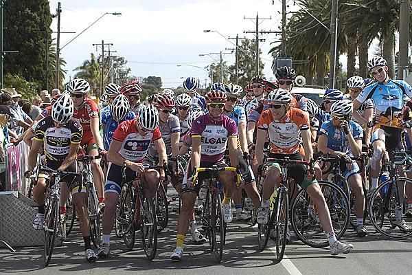 The Tour's competition winners (l-r): Richard Lang (Rising Star), Joel Pearson (Sprints and Criterium), Jonathan Cantwell (Tour winner), and Nick Aitken (King of the Mountains) on the startline in Mildura.