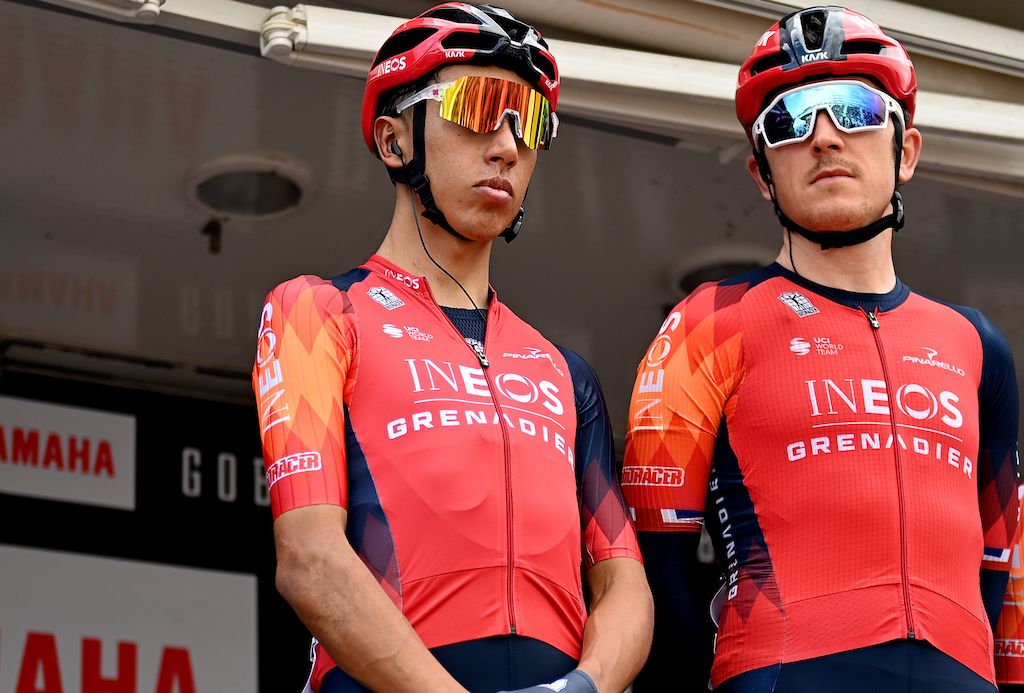 SANT FELIU DE GUIXOLS, SPAIN - MARCH 20: (L-R) Egan Bernal of Colombia and Geraint Thomas of United Kingdom and Team INEOS Grenadiers prior to the 102nd Volta Ciclista a Catalunya 2023, Stage 1 a 164.6km stage from Sant Feliu de GuÃ­xols to Sant Feliu de GuÃ­xols / #VoltaCatalunya102 / on March 20, 2023 in Sant Feliu de Guixols, Spain. (Photo by David Ramos/Getty Images)