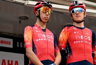 SANT FELIU DE GUIXOLS, SPAIN - MARCH 20: (L-R) Egan Bernal of Colombia and Geraint Thomas of United Kingdom and Team INEOS Grenadiers prior to the 102nd Volta Ciclista a Catalunya 2023, Stage 1 a 164.6km stage from Sant Feliu de GuÃ­xols to Sant Feliu de GuÃ­xols / #VoltaCatalunya102 / on March 20, 2023 in Sant Feliu de Guixols, Spain. (Photo by David Ramos/Getty Images)