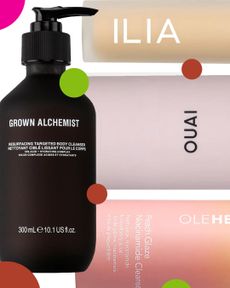 product collage of OUAI Bond Repair Balm, Grown Alchemist Resurfacing Targeted Body Cleanser, Ilia Skin Blur Serum Concealer, and OleHenriksen Peach Glaze 2% Niacinamide Cleanser on white background with green, pink, and red polka dots 