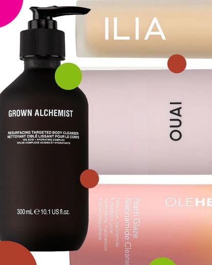 product collage of OUAI Bond Repair Balm, Grown Alchemist Resurfacing Targeted Body Cleanser, Ilia Skin Blur Serum Concealer, and OleHenriksen Peach Glaze 2% Niacinamide Cleanser on white background with green, pink, and red polka dots