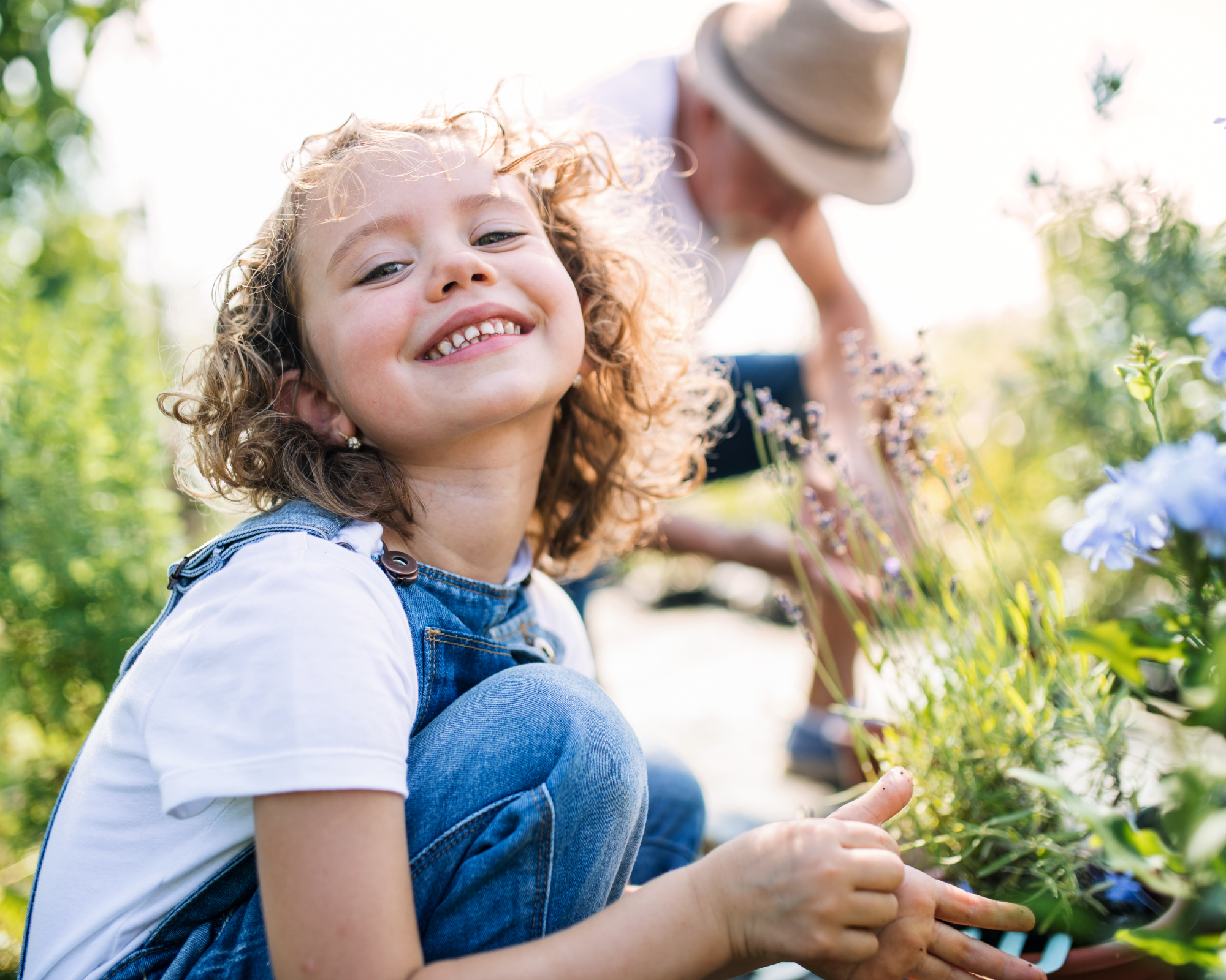 girl with lavender plants in garden with grandfather