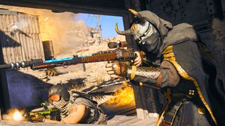 A Warzone player shoots a gun from behind cover