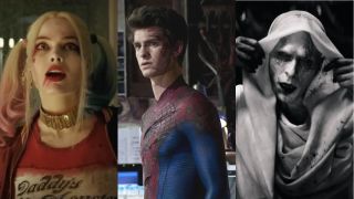 Margot Robbie as Harley Quinn in Suicide Squad, Andrew Garfield pictured in The Amazing Spider-Man, and Christian Bale in Thor: Love and Thunder, all pictured side by side.