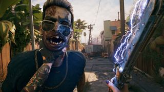 The player grabs a zombie by the throat in Dead Island 2.