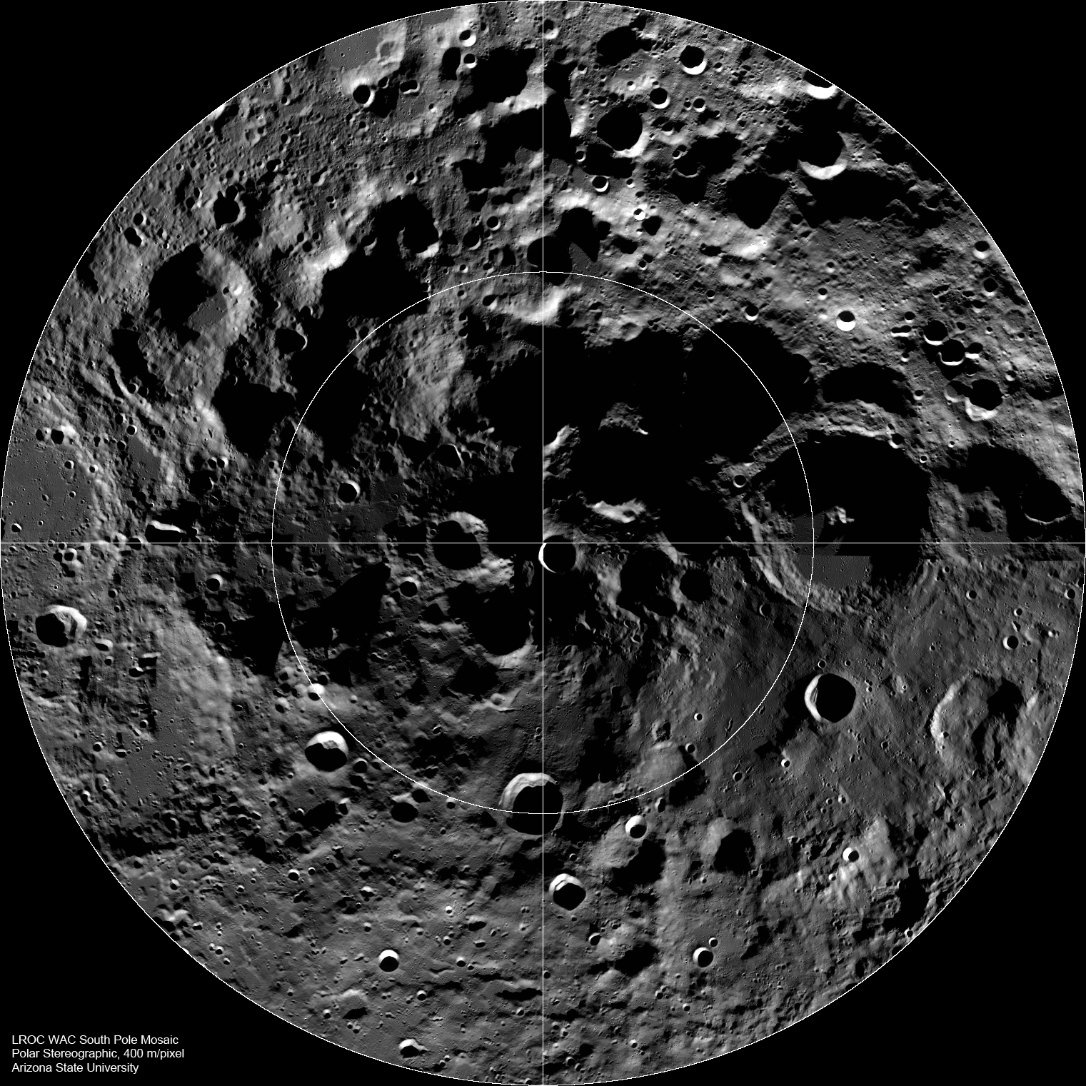 The lunar south pole is one of the most compelling places in the entire solar system.  This mosaic is from the Wide Area Camera on NASA's Lunar Reconnaissance Orbiter.