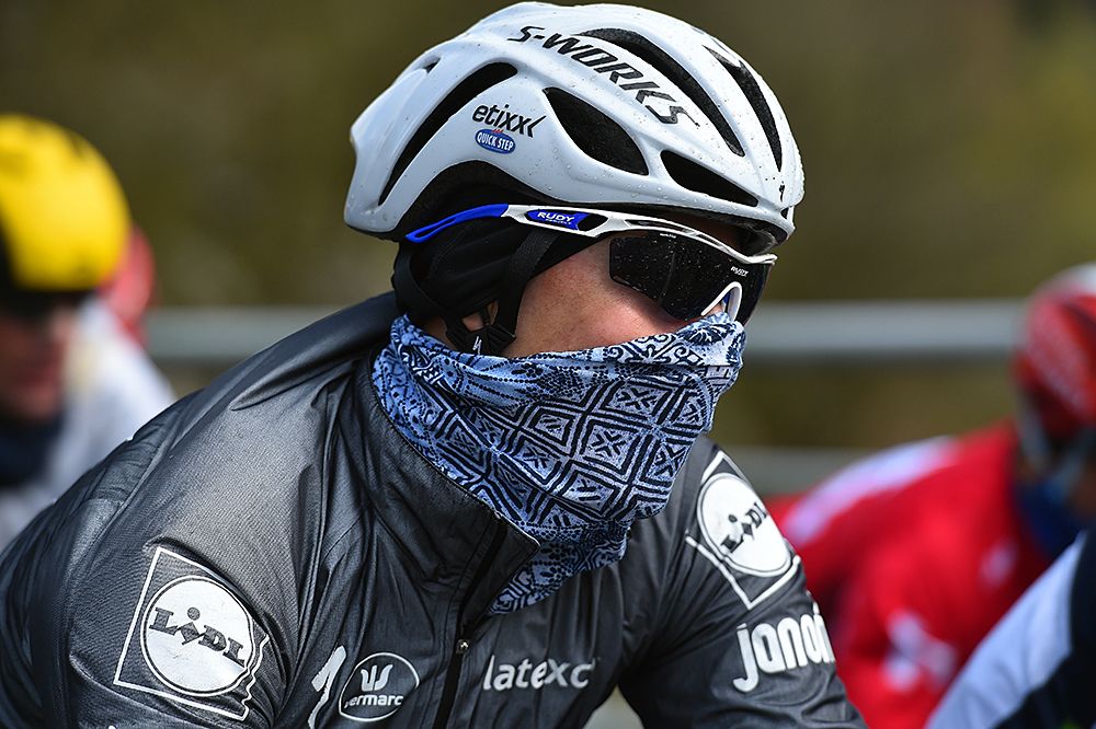 Etixx-QuickStep rider trying to stay warm at Liege-Bastogne-Liege