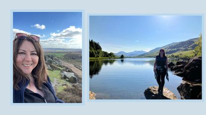 Selfie taken by Susan Griffin, writer and hiking enthusiast, positioned next to panoramic view of Susan standing in front of a lake, representing the benefits of hiking