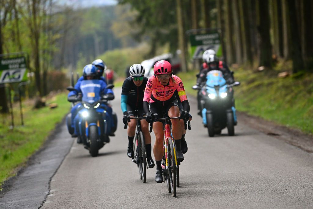 LIEGE BELGIUM APRIL 24 LR LR Stina Kagevi of Sweden and Team Coop Repsol and Kim Cadzow of New Zealand and Team EF EducationCannondale compete in the chase group uring the 8th Liege Bastogne Liege Femmes 2024 a 1529km one day race from Bastogne to Liege UCIWWT on April 24 2024 in Liege Belgium Photo by Luc ClaessenGetty Images