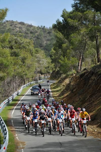 The women's peloton in the point-to-point stage of the Afxentia stage race.