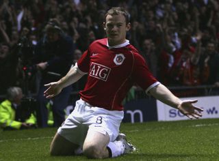 Wayne Rooney celebrates after scoring for Manchester United against Roma in the Champions League in April 2007.