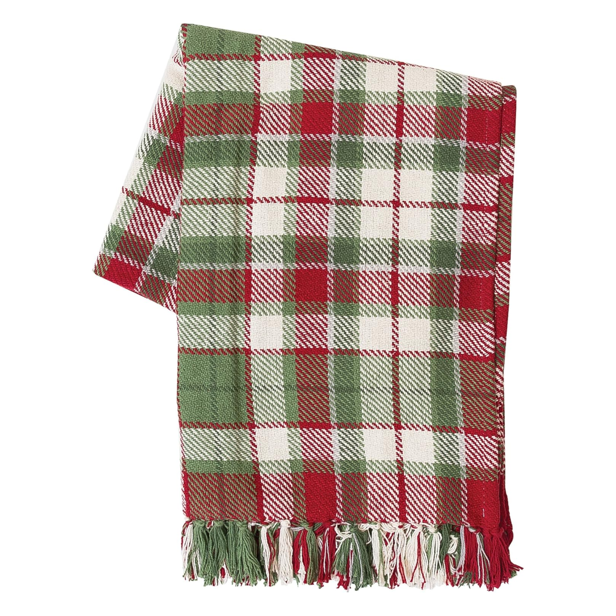 a red and green plaid Christmas blanket
